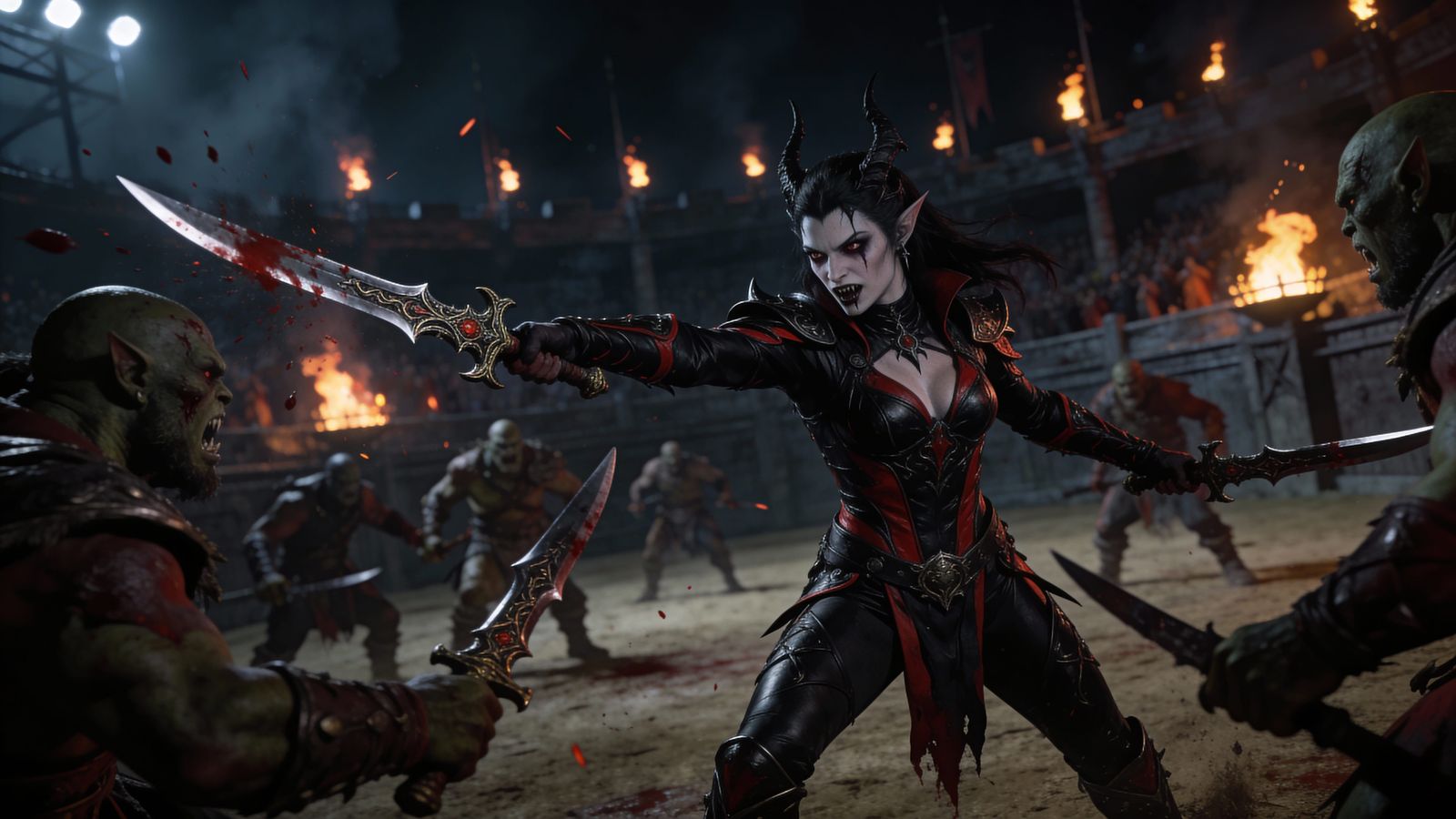 Vampire Drow Gladiator Defeats Orc Army in Fiery Arena