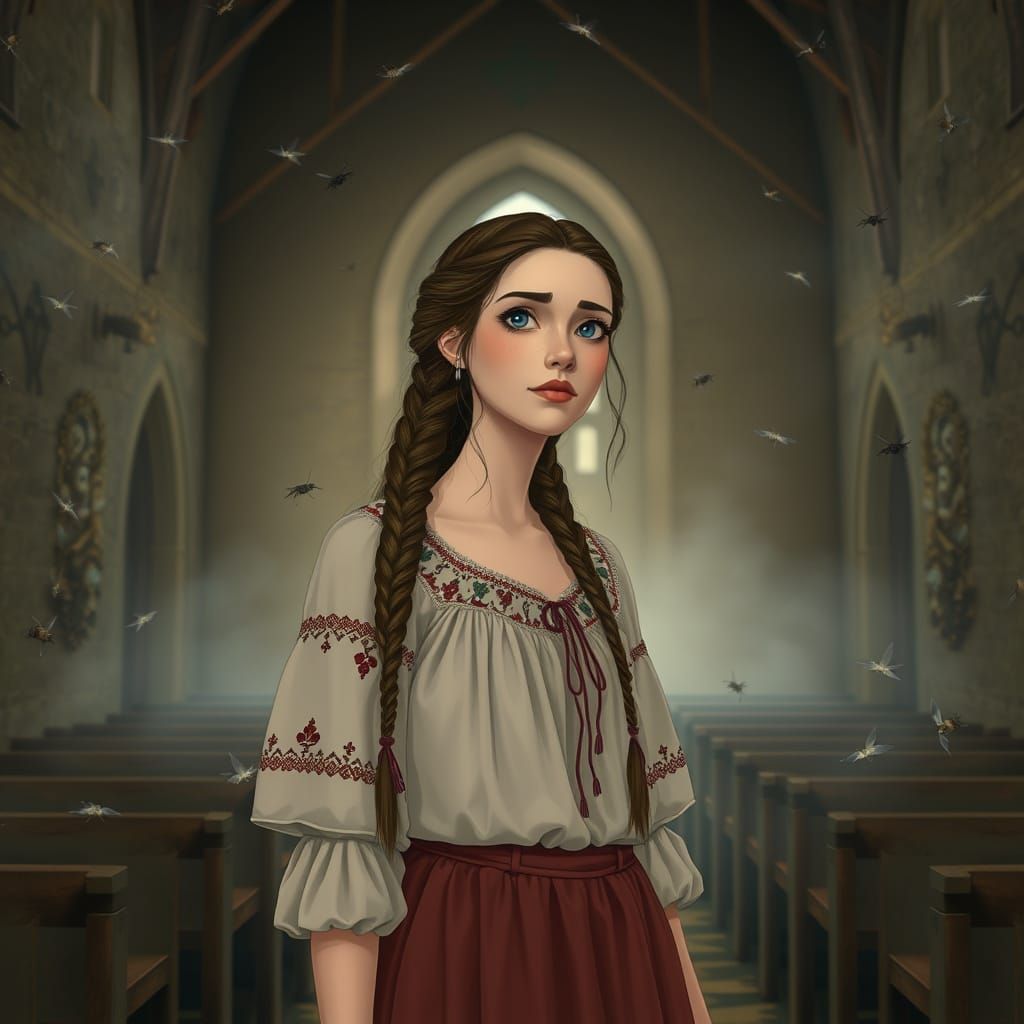 Woman in Rustic Church, Fantasy Art Style