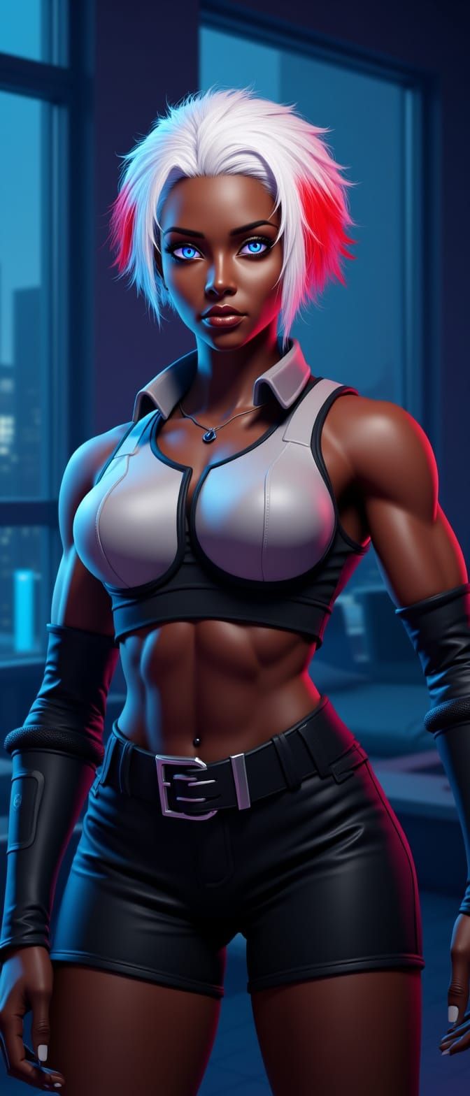 African Woman with White Hair and Blue Eyes in Futuristic At...