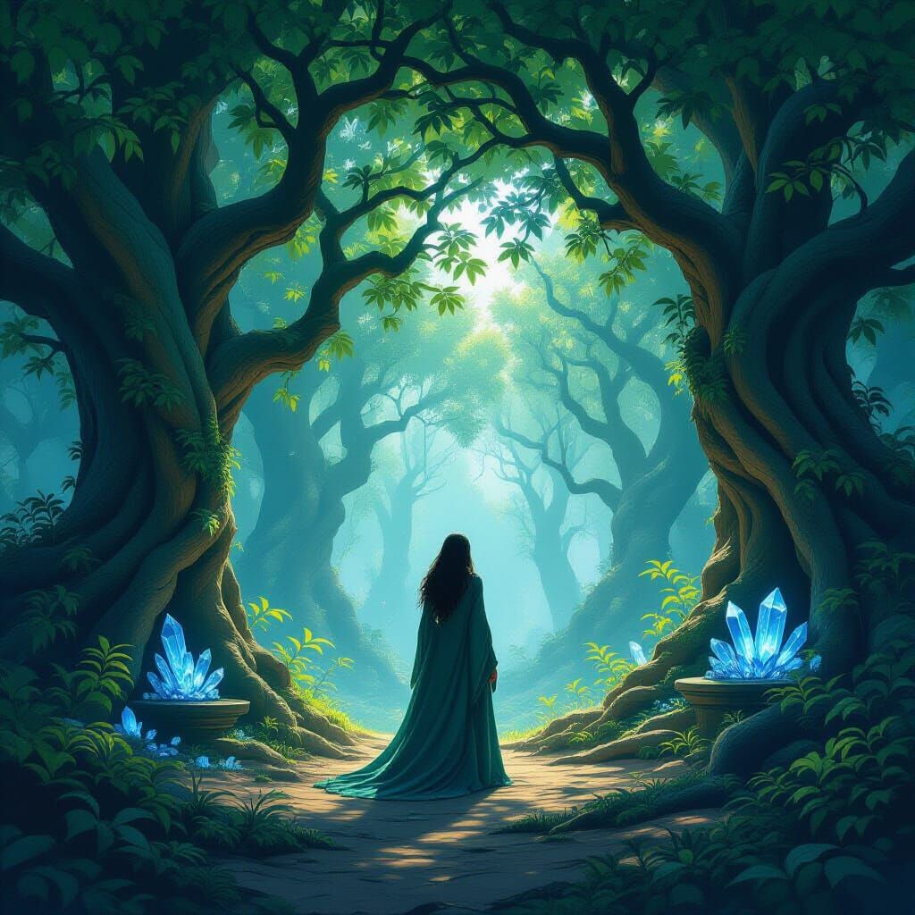 Druidess in Grove with Ancient Trees, Fantasy Art