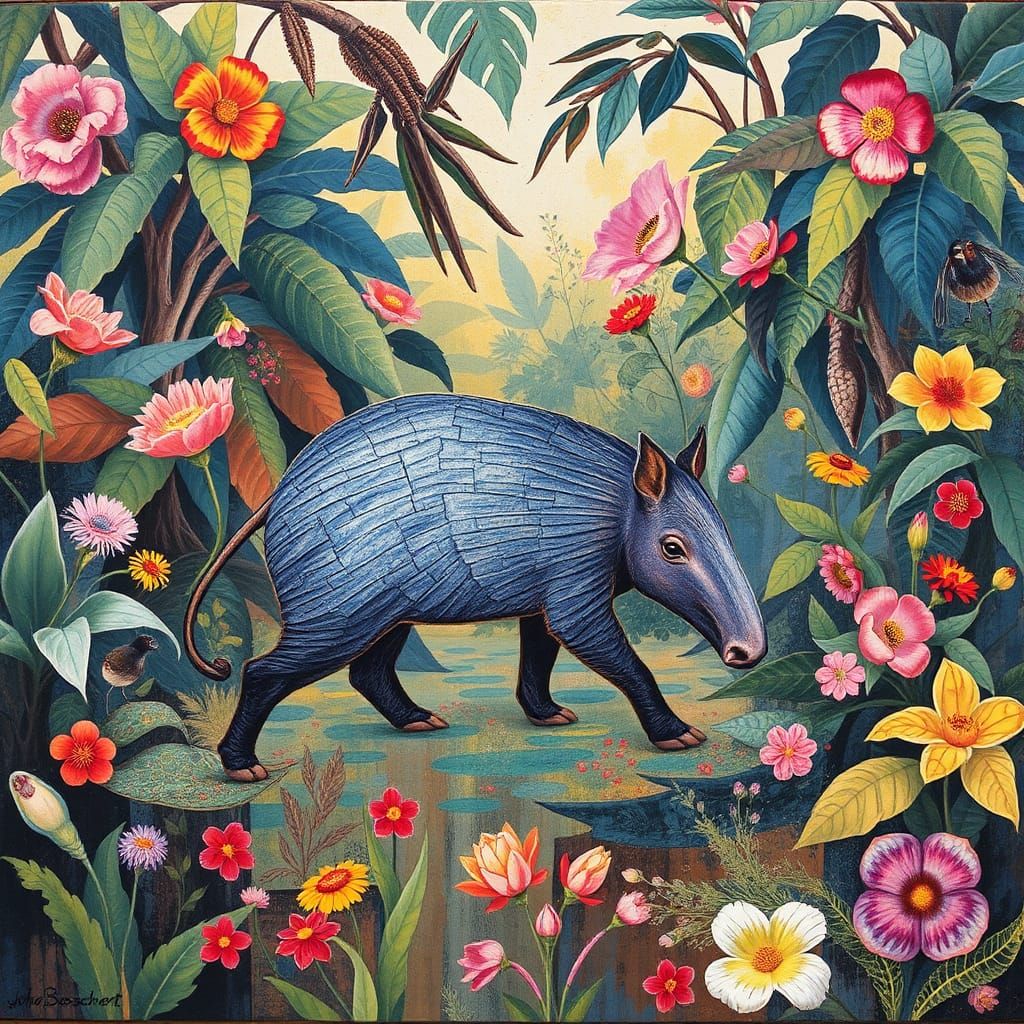 Tapir in Tropical Flora Bush, Surreal Collage
