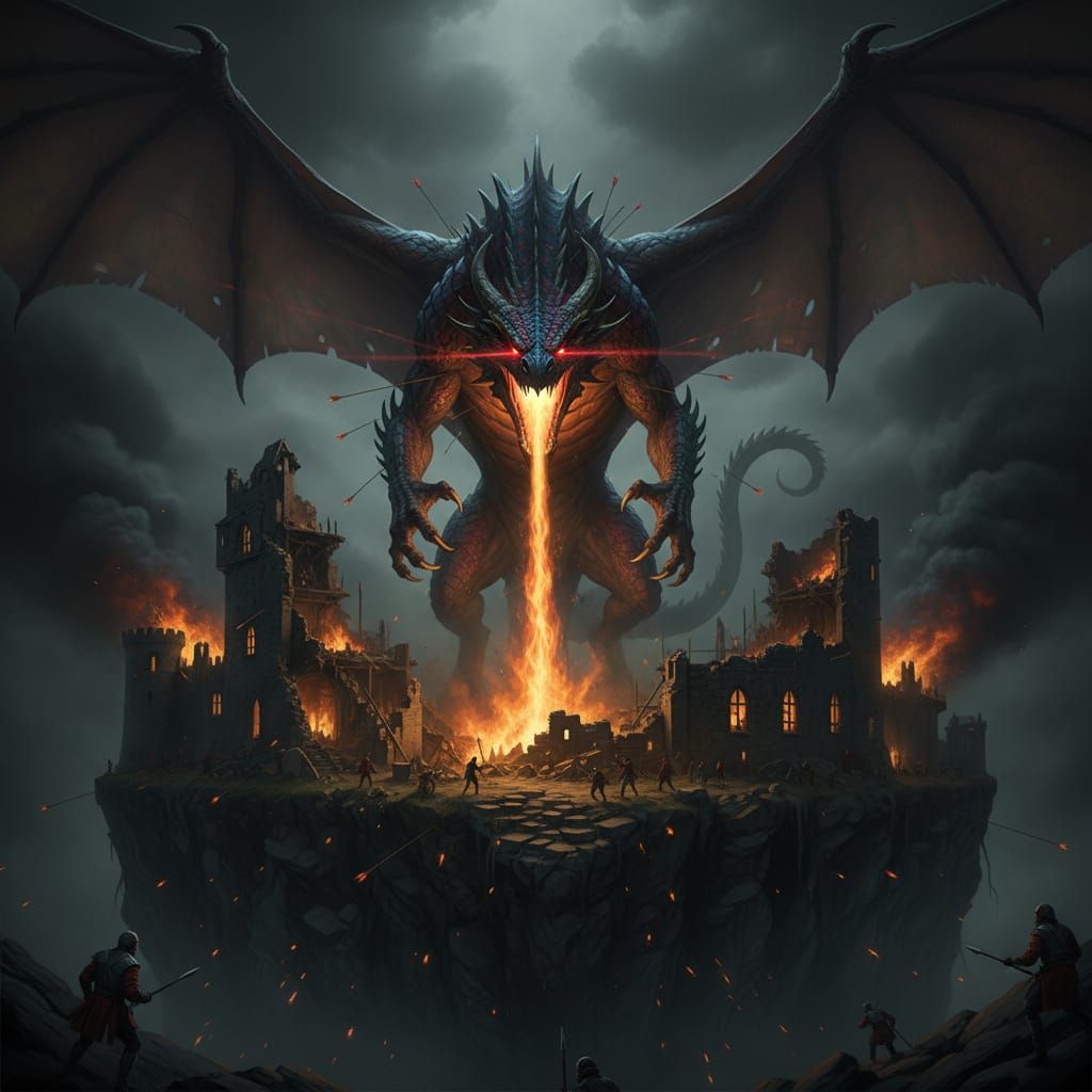 Colossal Western Dragon Defends Fiery Castle Ruins