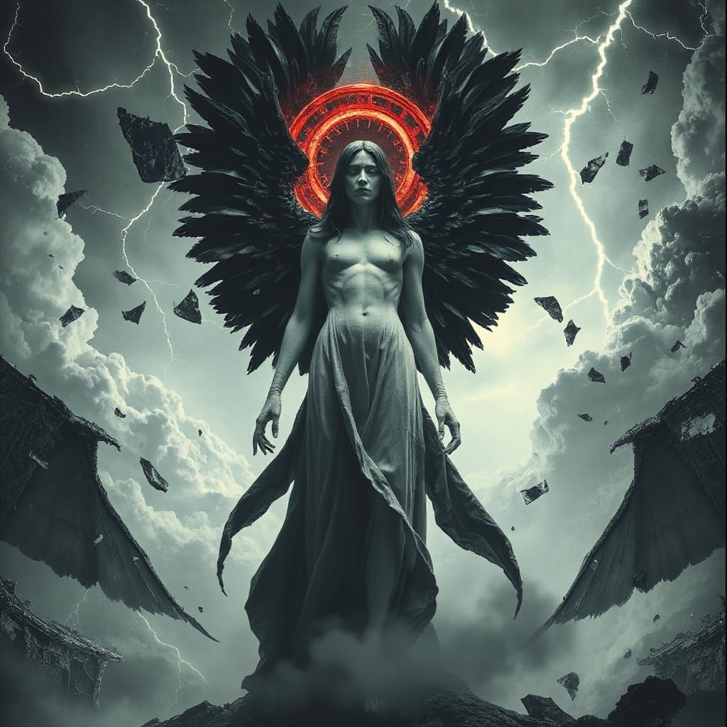 Godlike Figure with Fragmented Wings in Surreal Void