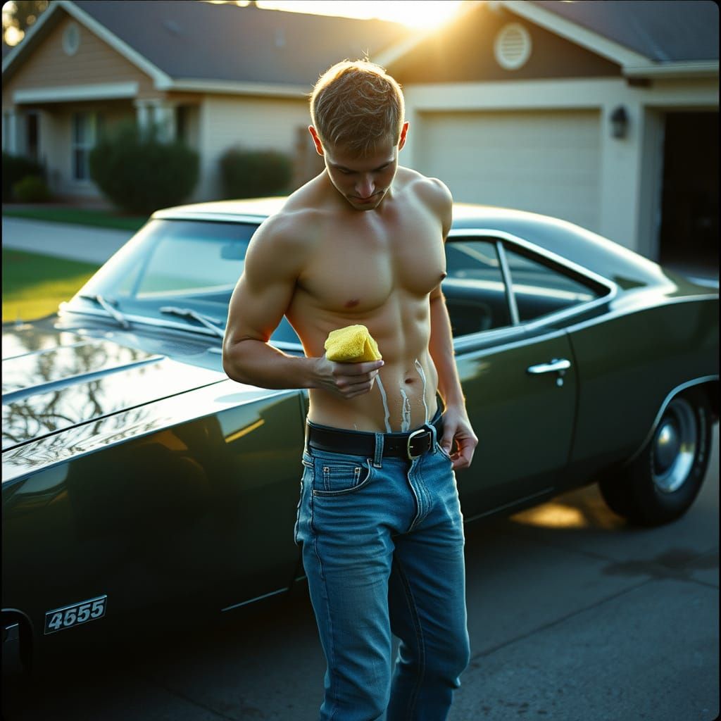 Shirtless Man Polishing Classic Car: Cinematic Film Still