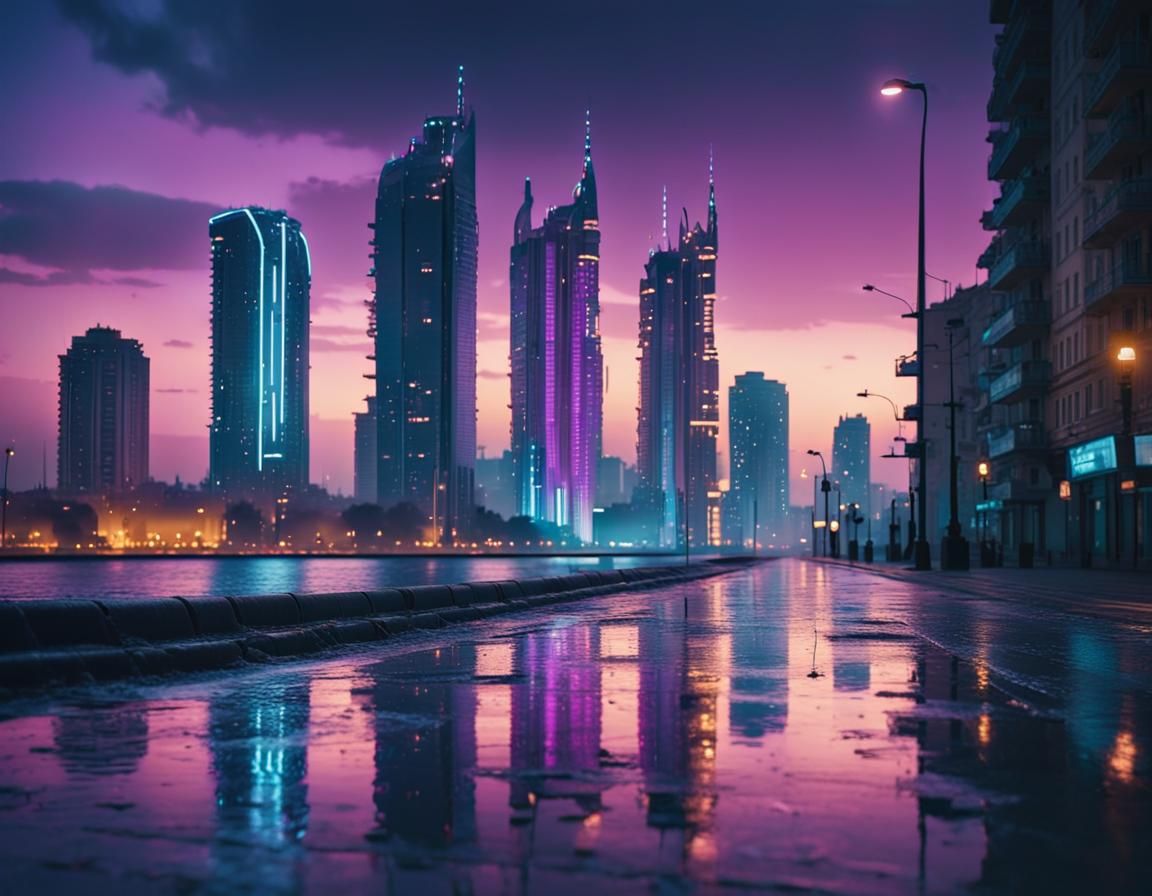 Neon Cyberpunk Odesa Cityscape at Night