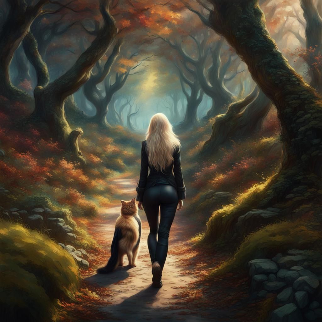 Magical Forest Trail with Calico Cat and Woman