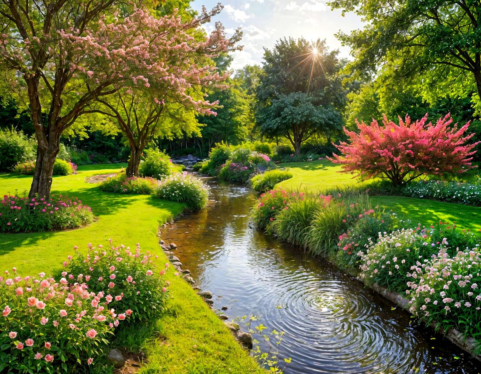 Vibrant Garden with Reflecting Stream Under Cloudy Sky
