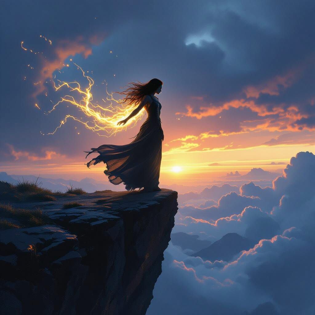 Ethereal Transformation on Precipice in Stormy Twilight