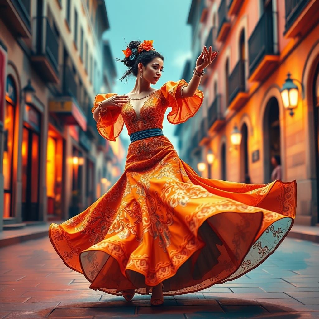 Flamenco Dancer in Vibrant Street, Watercolor Style