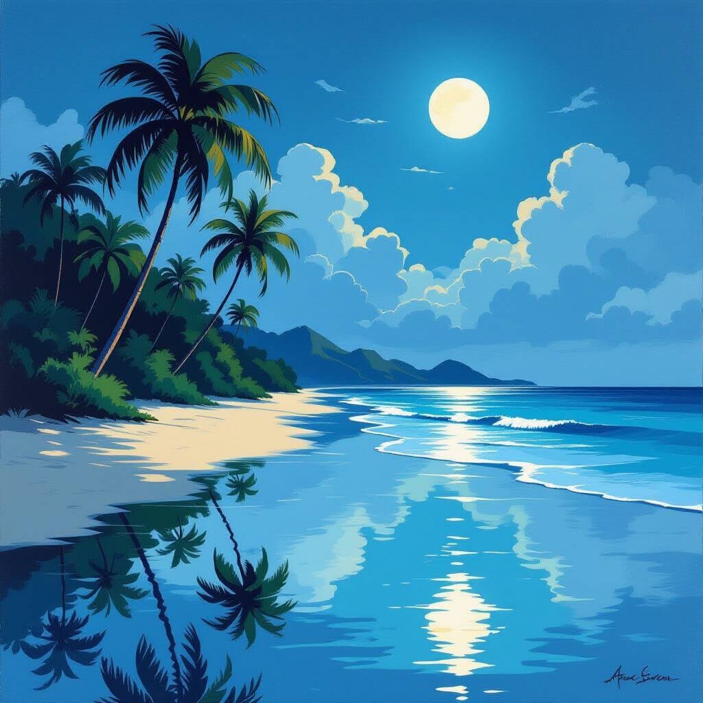 Tropical Beach Moonlight Reflection in Cubist Painterly Styl...