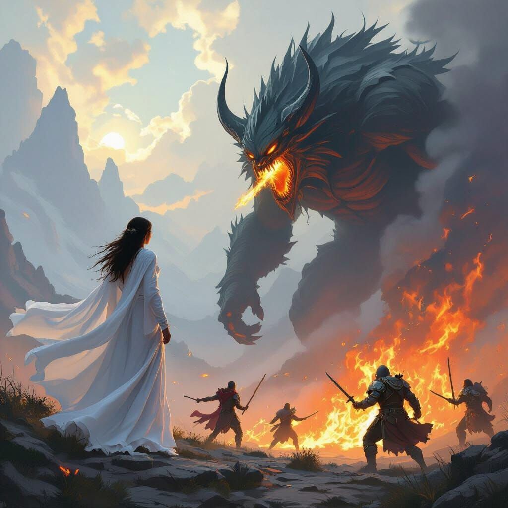 Goddess Watching Heroes Battle Monsters