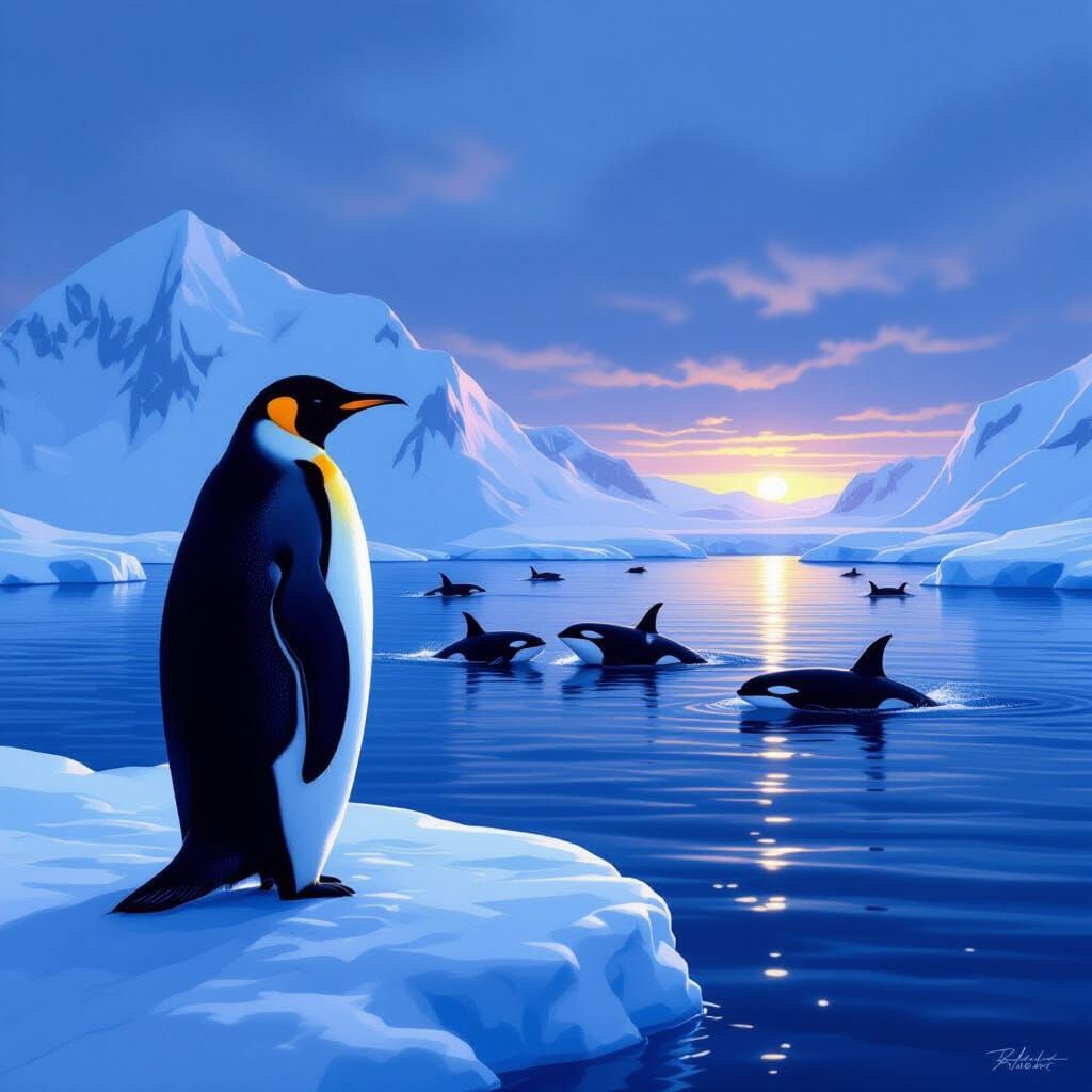 Antarctic Twilight: Penguin and Orcas in Digital Matte Paint...