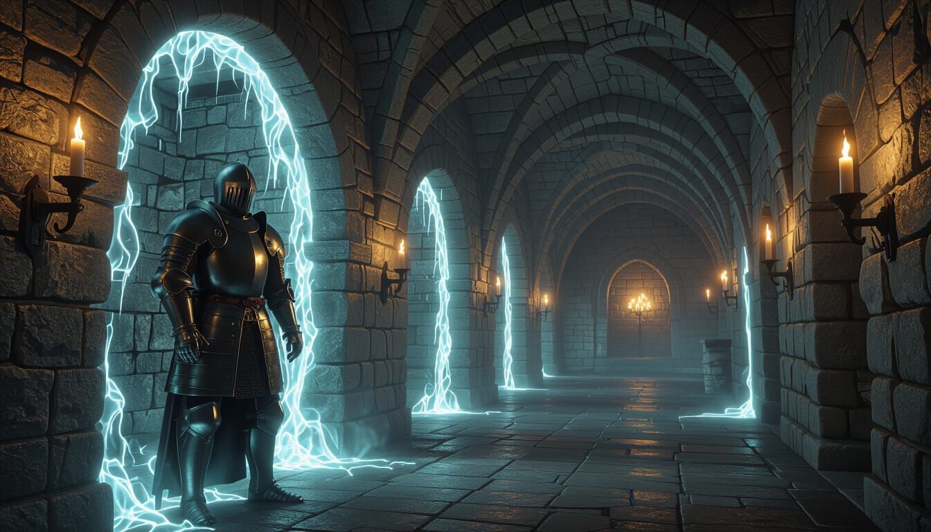 Ethereal Suit of Armor in Ancient Hallway