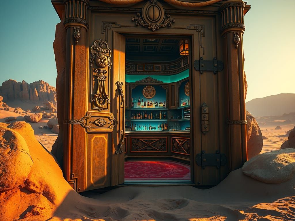 Eine antike Tür mitten in der Wüste. Die Türe führt zu einer lebhaften Bar