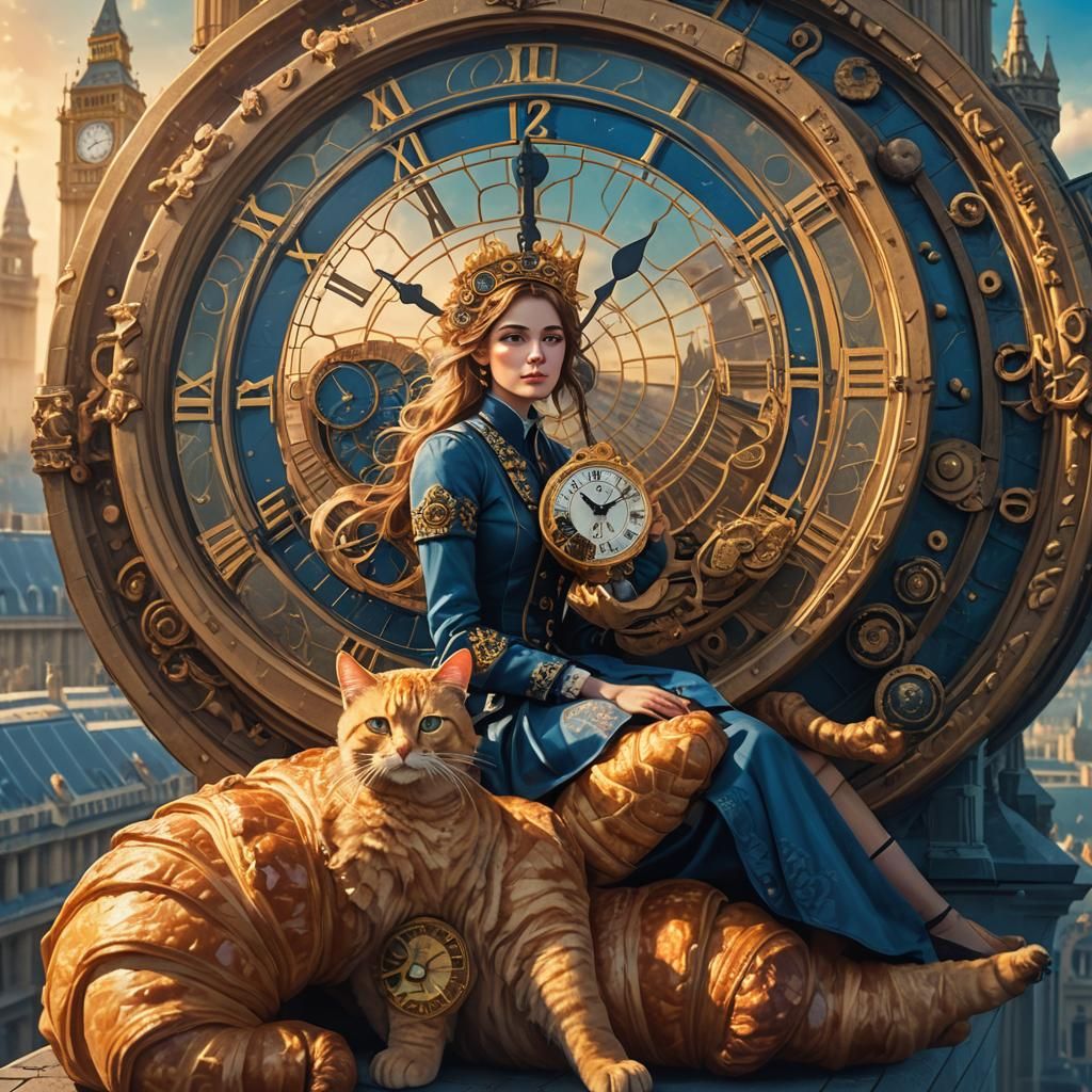 Woman on Big Ben with Croissant, Fantasy Art