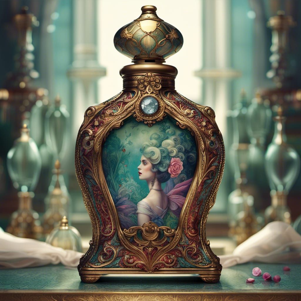 Ornate Glass Perfume Bottle, Detailed Digital Art