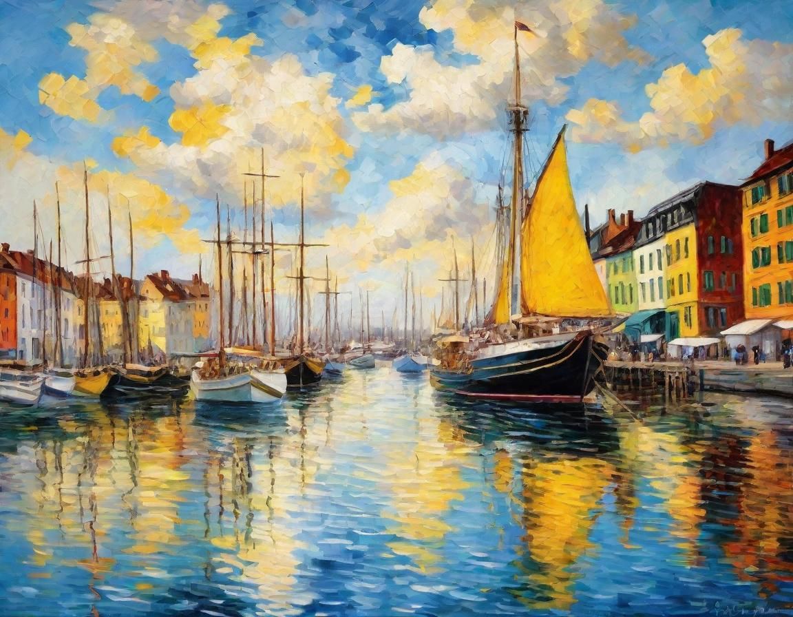 Vibrant Vintage-Style Harbor Scene with Sailing Ships and Co...