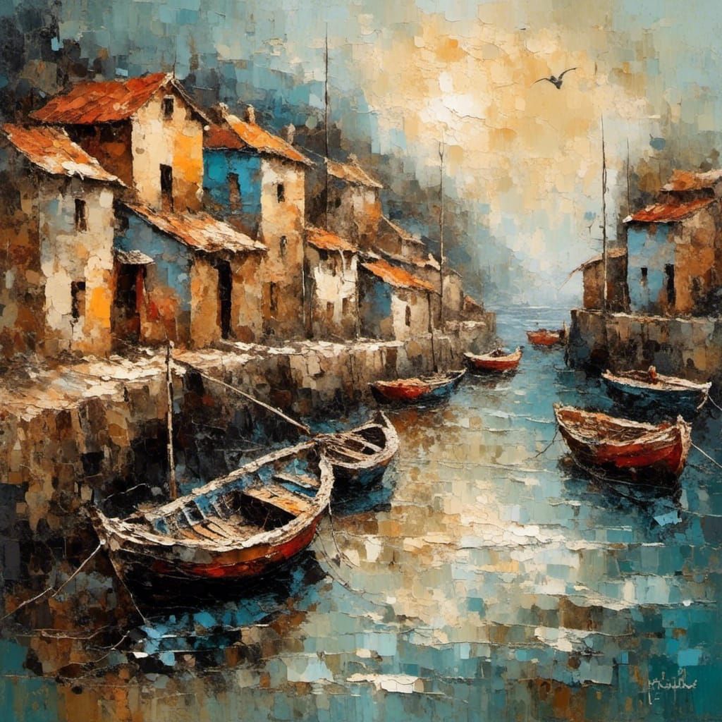 Vintage Oil Painting of Philippines Fishing Village