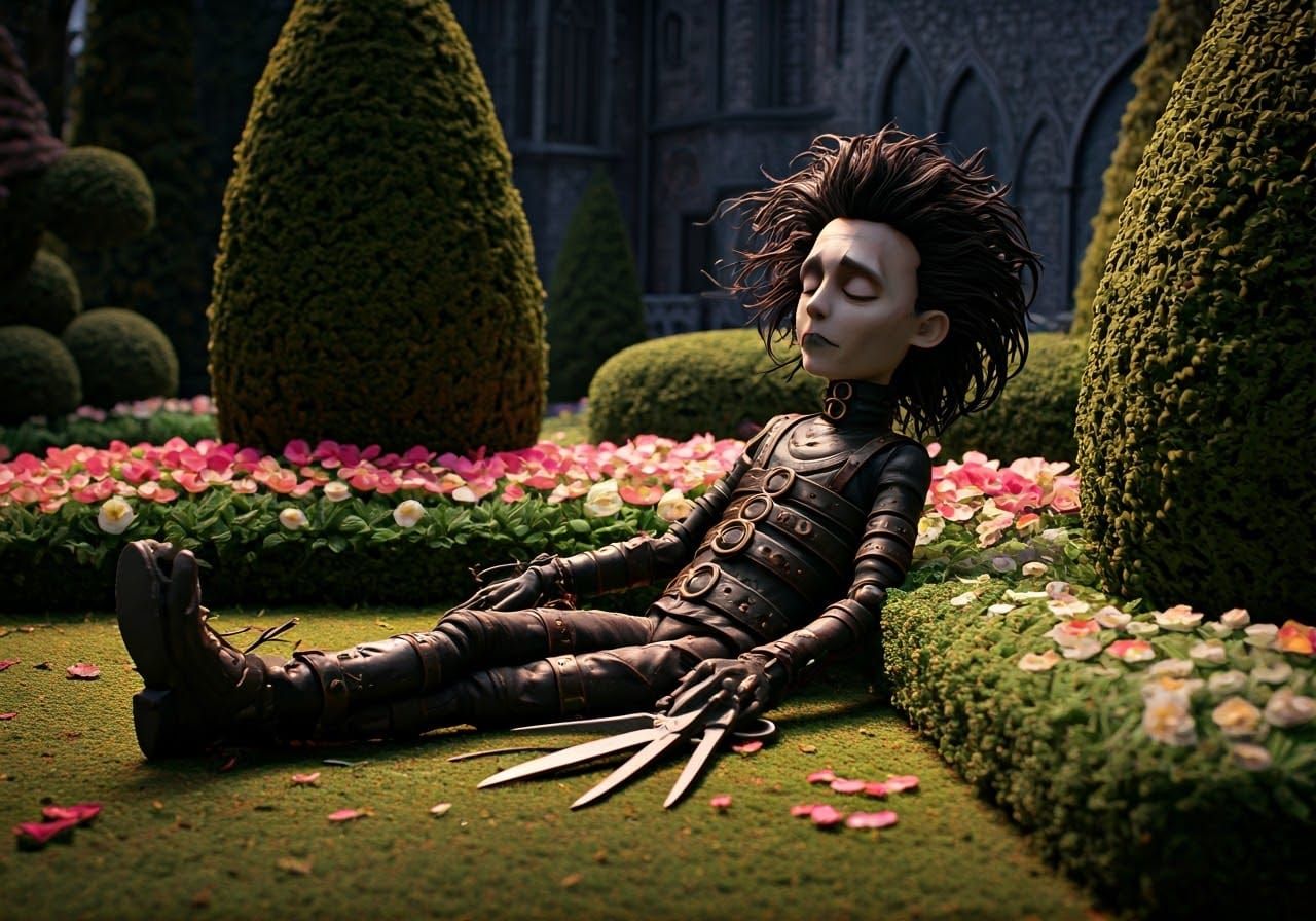 Edward Scissorhands in Stop-Motion Garden Scene