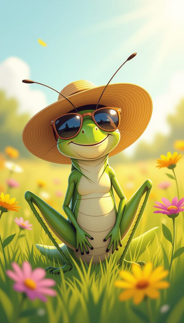 Cartoon Grasshopper Lounging in Summer Sunlight