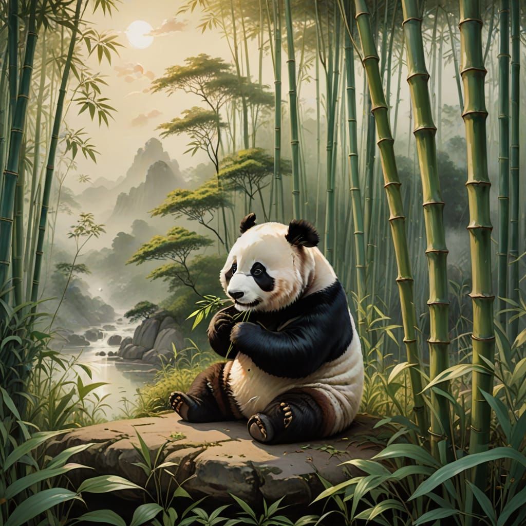Charming Baby Panda Surrounded by Bamboo in Serene Landscape