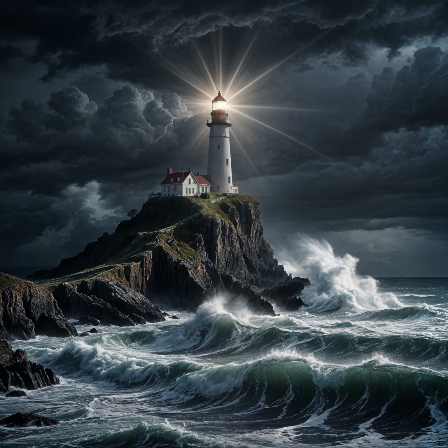 Lighthouse Beam Cuts Through Stormy Night
