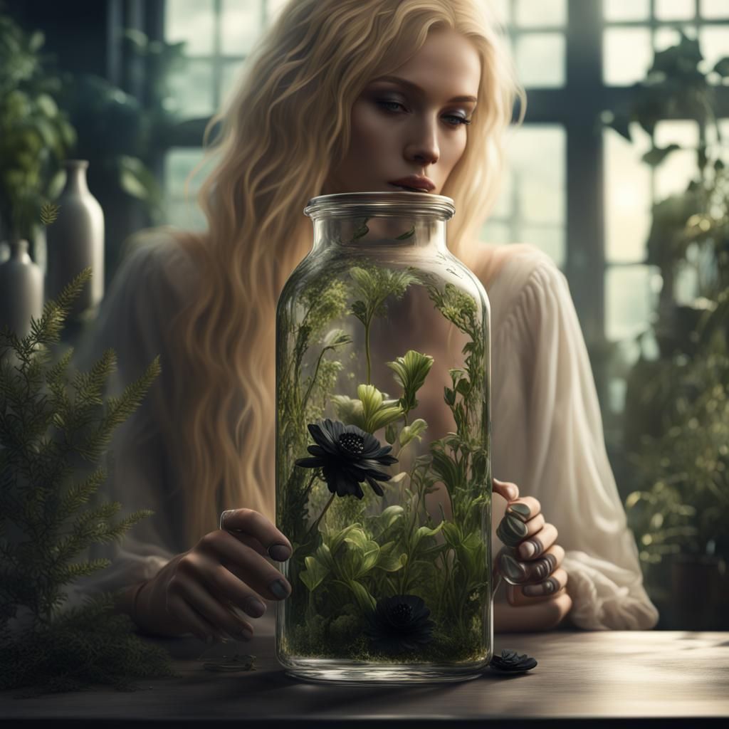 Botanical Beauty: Glass Bottle and Blonde Woman