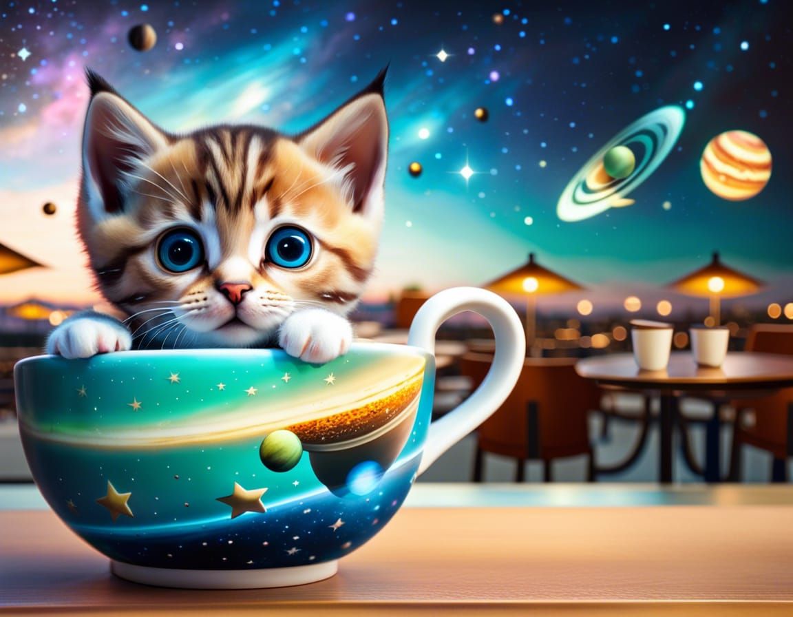 Chibi Kitten in Teacup at Starbucks, Manga Eyes