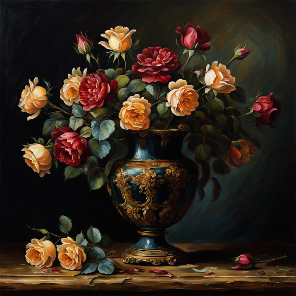 Baroque Oil Painting of Roses in Chiaroscuro