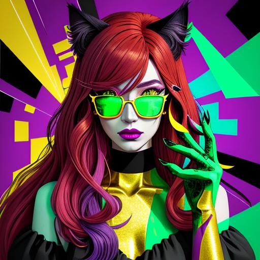 Neon Catgirl Portrait in Paper Cutout Style