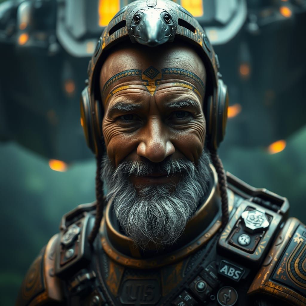 Aztec Elder in Cyberpunk Exosuit, Cinematic Close-Up