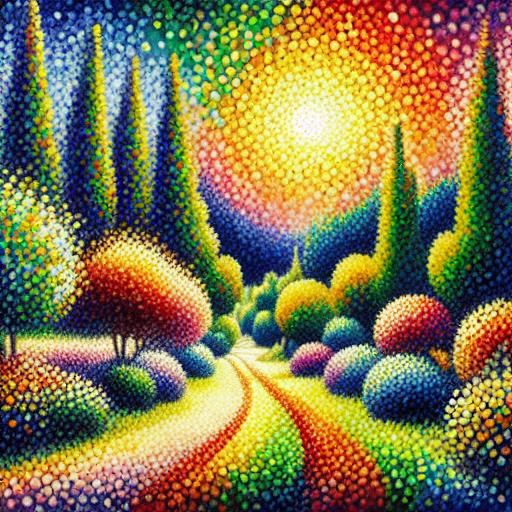 Pointillism style painting of a park.