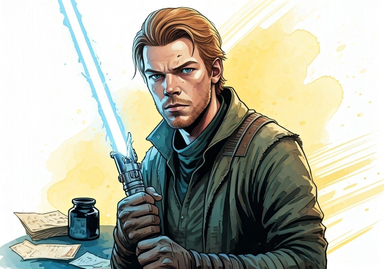 Cal Kestis Lightsaber Ink Drawing in Cel-Shaded Style