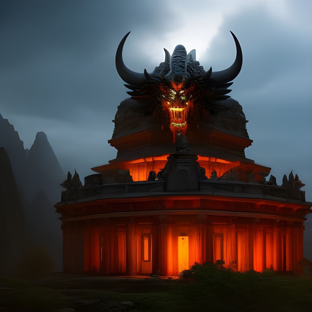 Detailed Demon Statue Under Stormy Sky