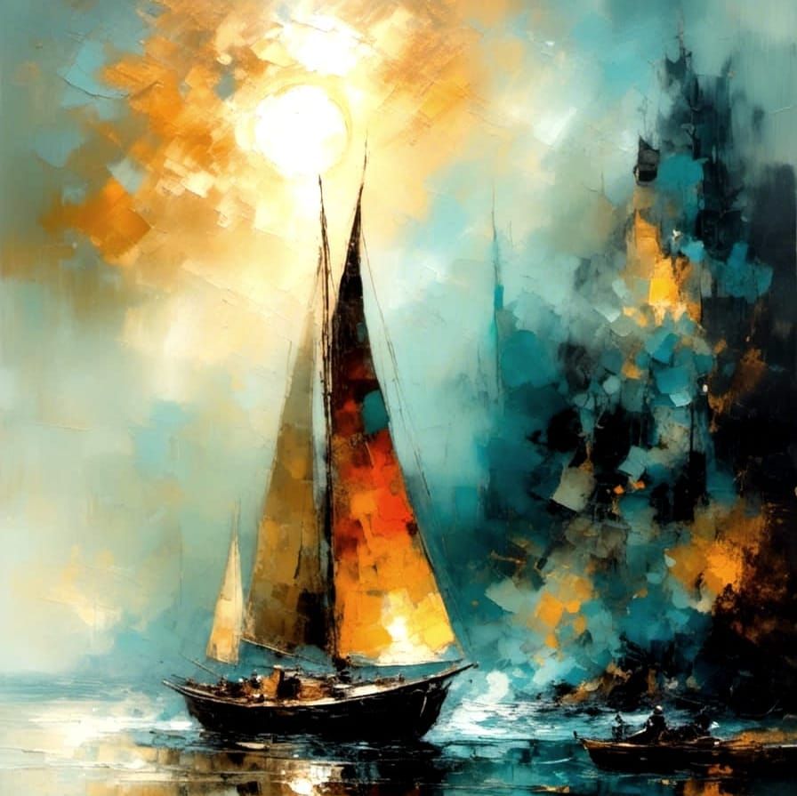 Antique Sailing Canoe in Foggy Harbor, Impasto Oil Painting