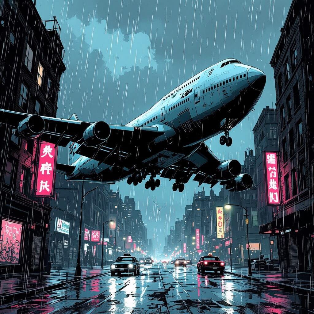 A colossal Boeing 747, weathered and scarred, hovers ominous...