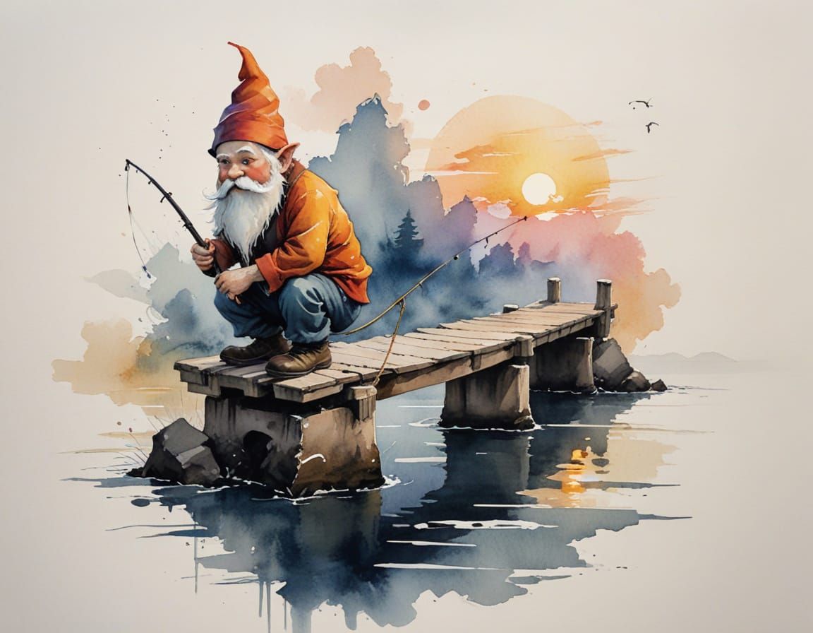 Gnome Fishing at Sunset in Ink Wash Style