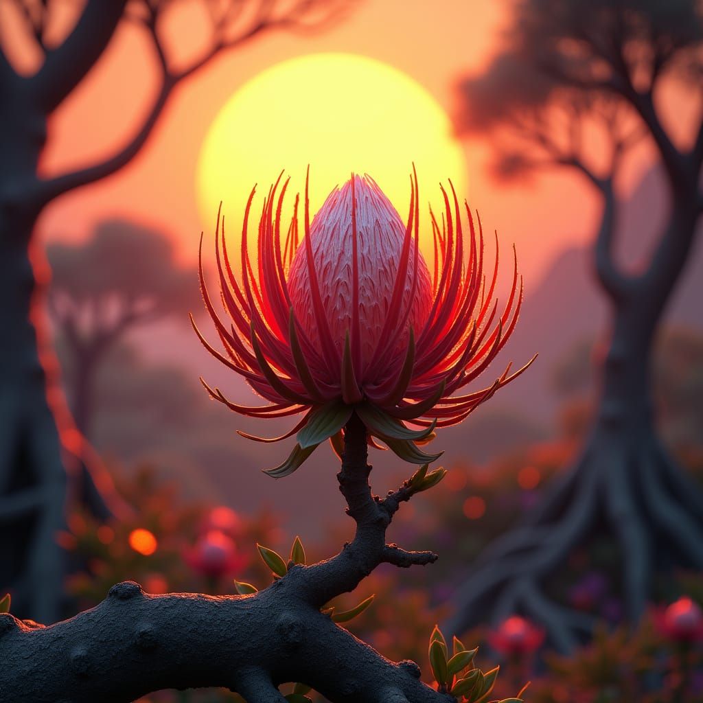 King Protea in Fantasy Sunset Landscape