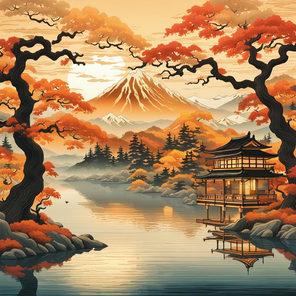 Serene Autumn Landscape in Ukiyo-e Style