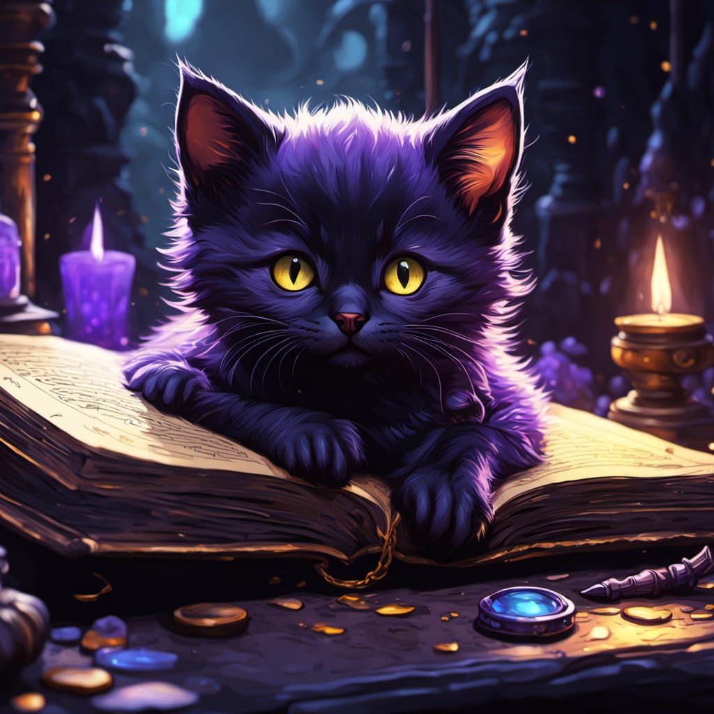 Kitten Nap on Spell Book, Dark Fantasy Art