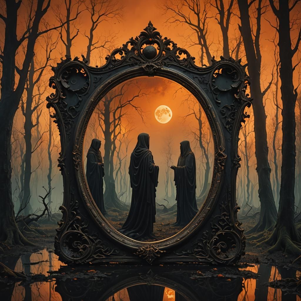Mysterious Mirror Reflects Twilight Apparitions in Beksiński...