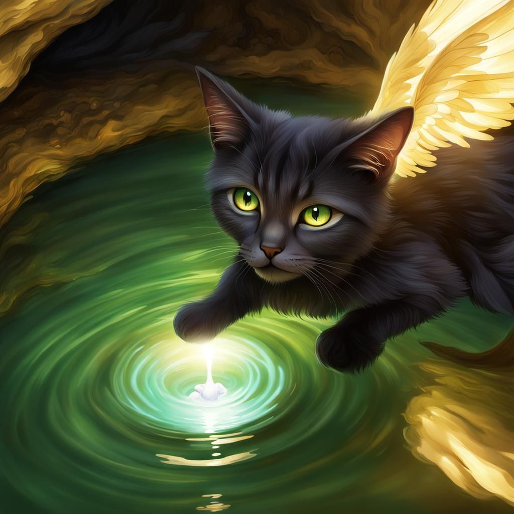 Ethereal Angel in Mystical Cave with Kitten Angels