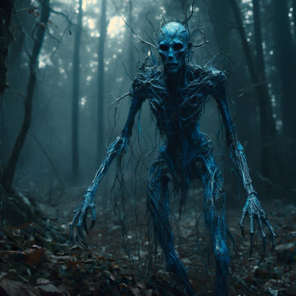 Macabre Humanoid Creature in Forest, Detailed Digital Art
