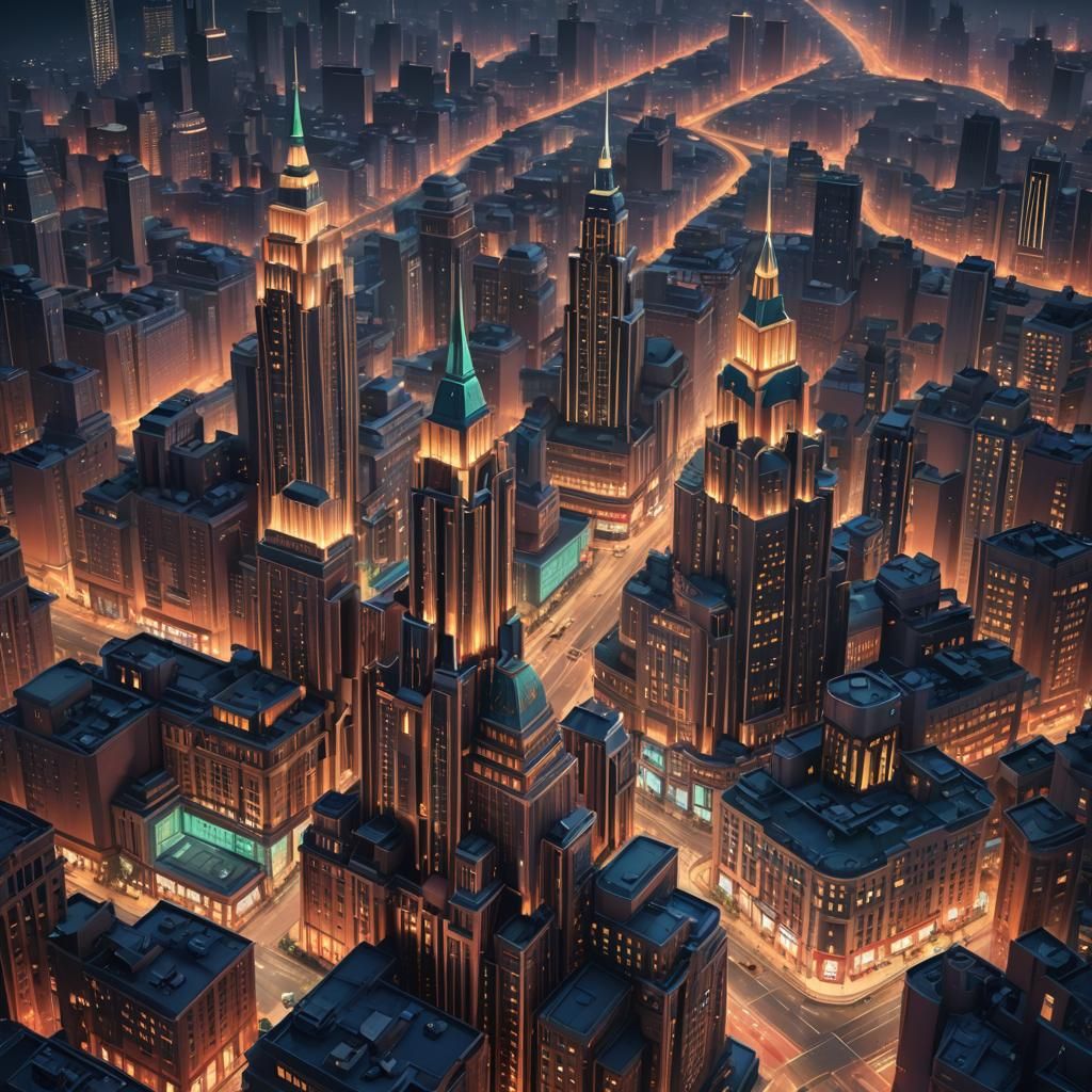 Art Deco Cityscape at Night in Matte Painting