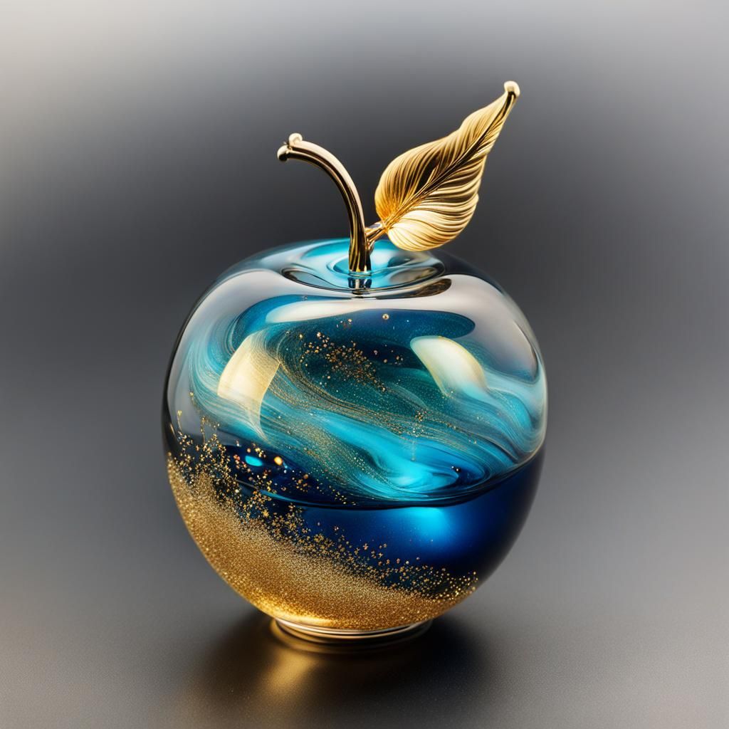 Blown Glass Apple with Blue Smoke and Gold Shimmers