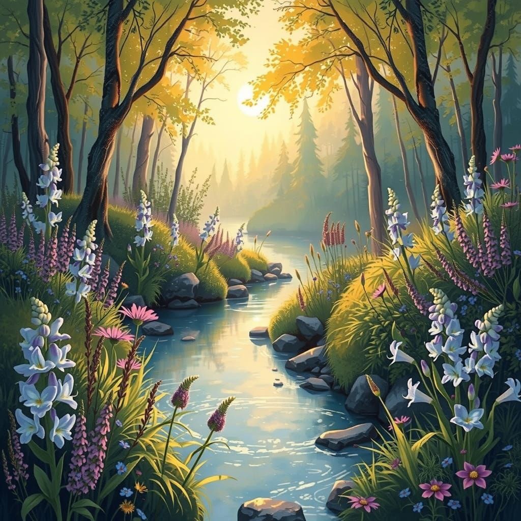 Blue Violet in Golden Light, Dreamlike Illustration