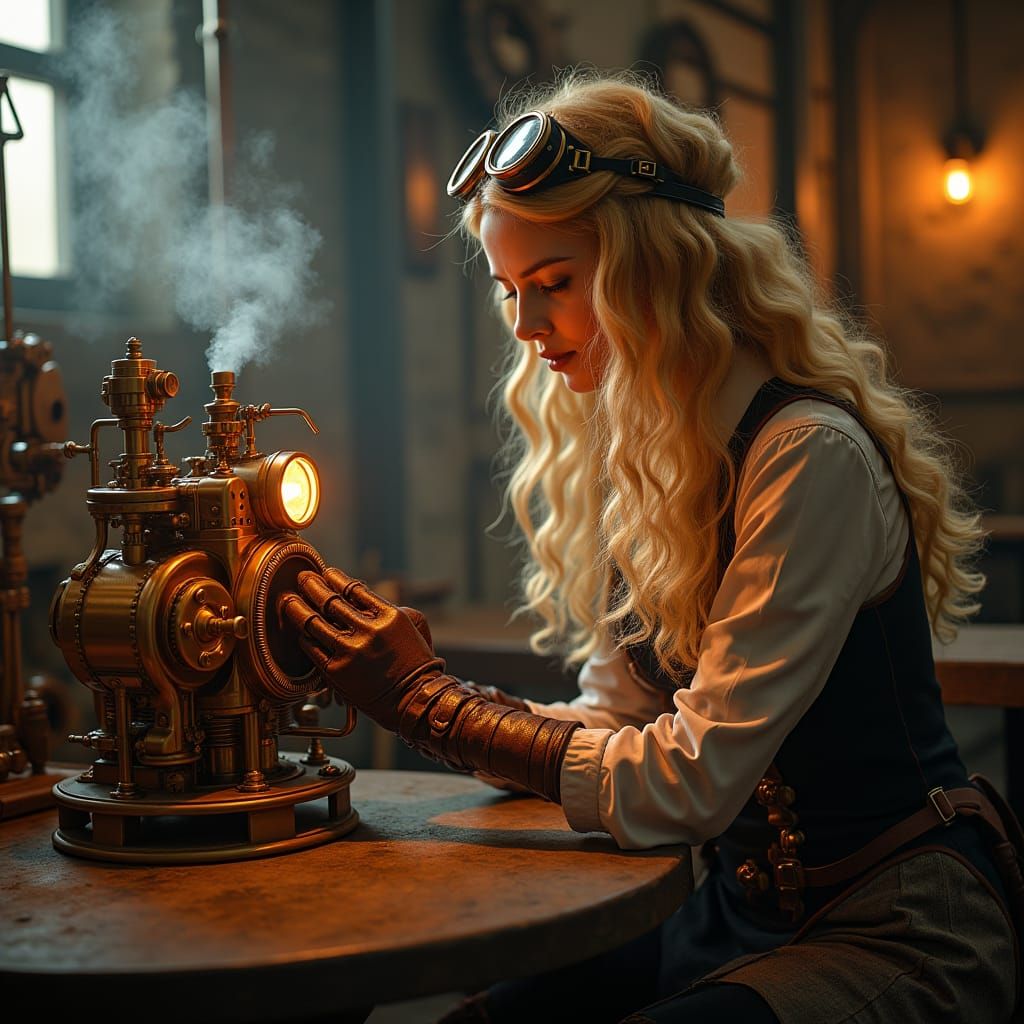 Steampunk Engineer with Golden Glow, Digital Art