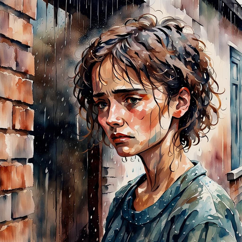 Woman in Rain: A Watercolour Masterpiece of Sorrow