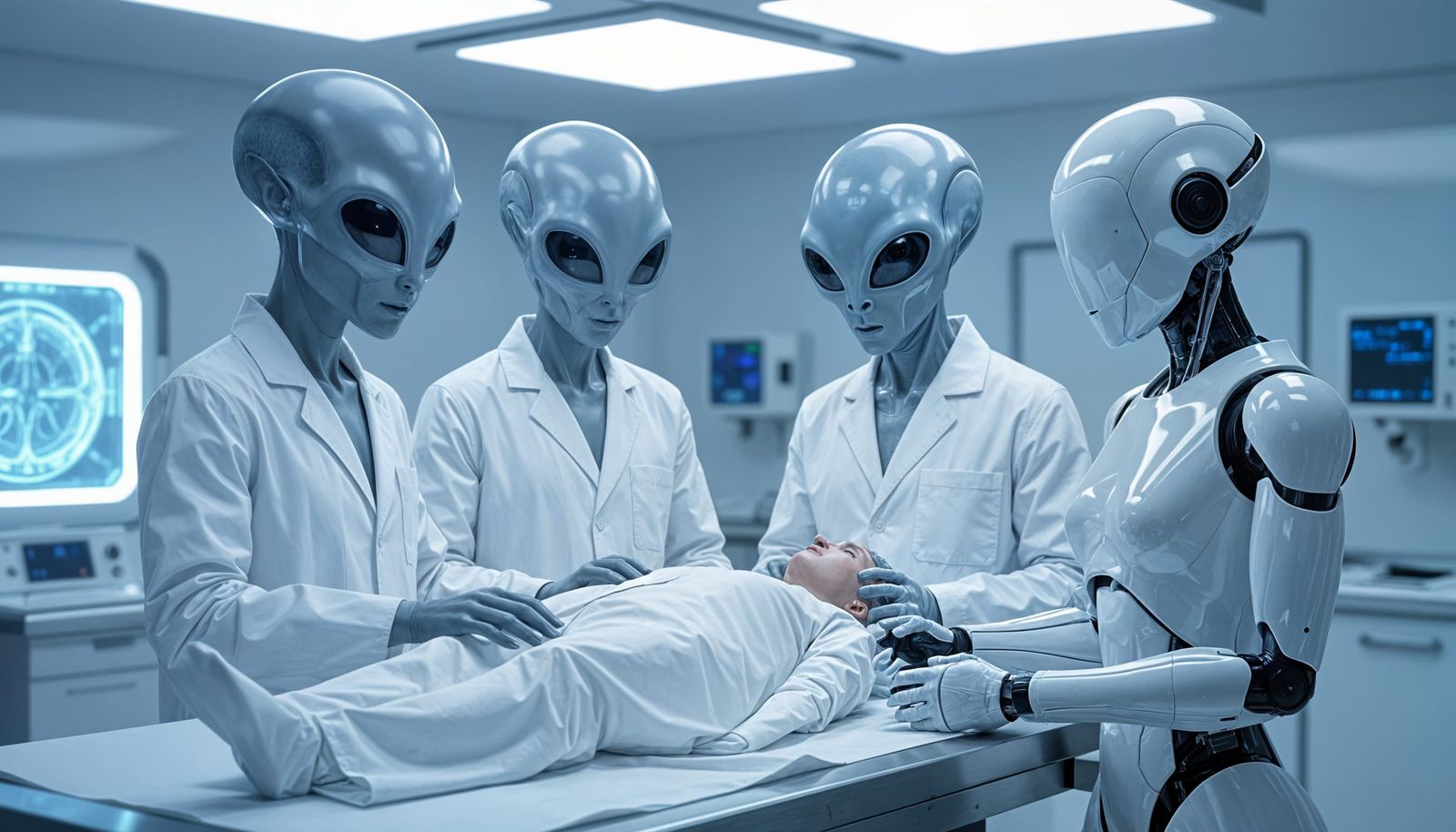 Grey Aliens Examine Human Body in Morgue with Android Assist...