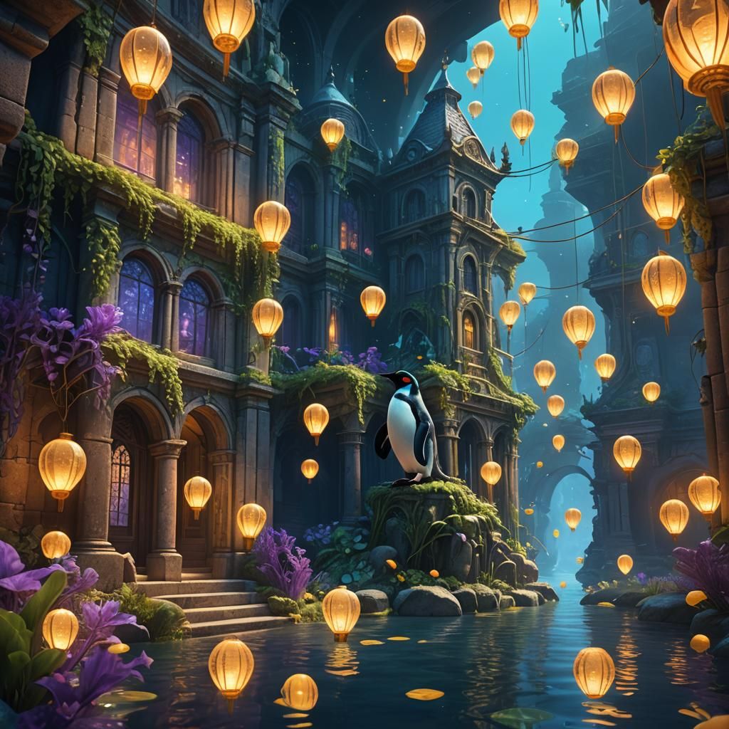 Penguin in Underwater City Fantasy Concept Art